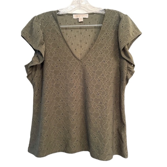 Michael Kors Tops - Michael Kors Ruffle Sleeve Eyelet Olive Shirt Size Large